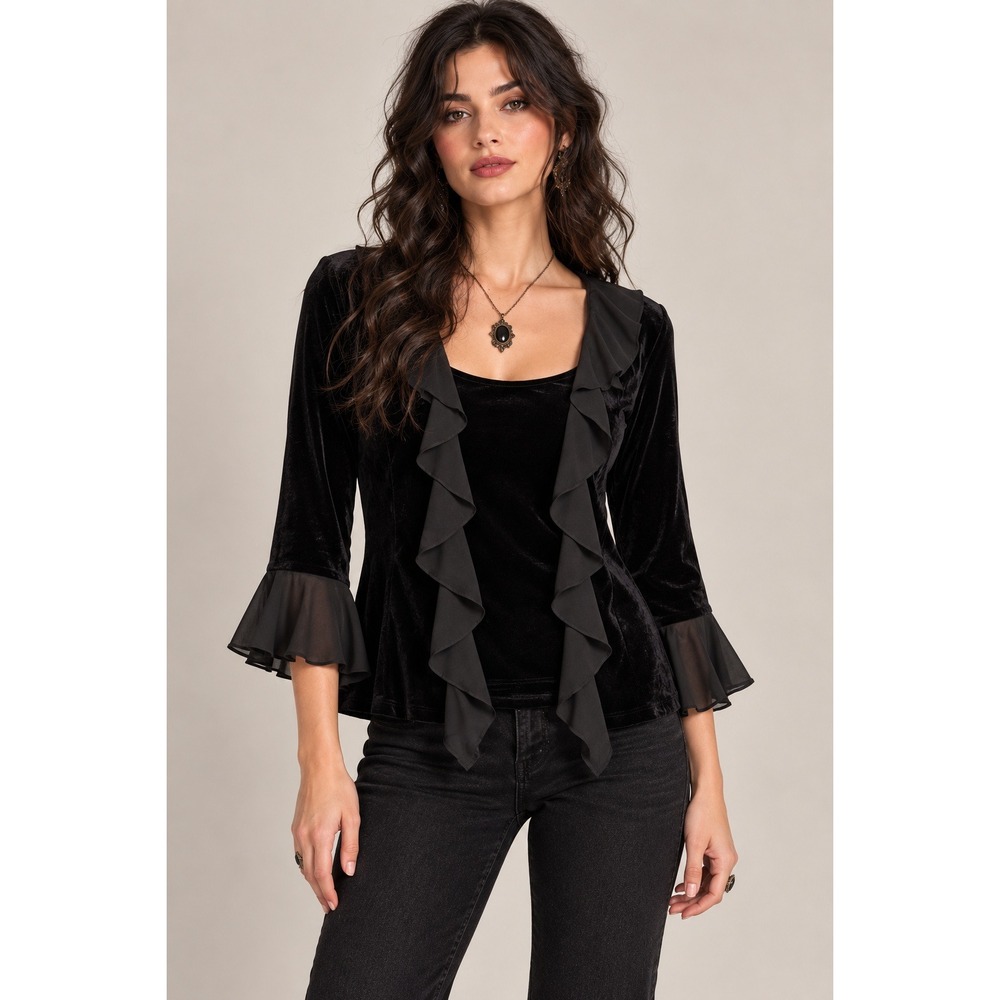 90s Whimsigoth Black Velvet Ruffle Top Dark Romantic Size 10